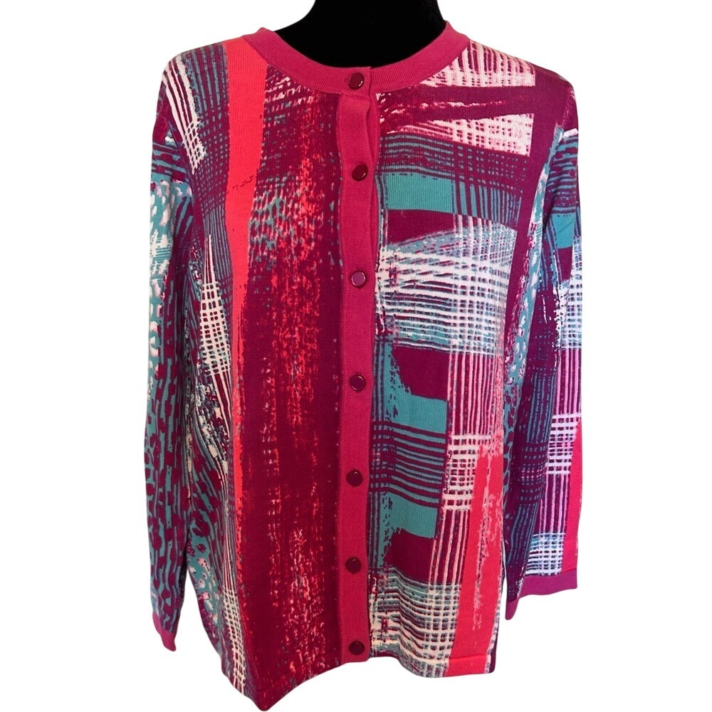 NWT Bob Mackie Red and Pink Patterned Print Cardigan Sweater Size Medium‎